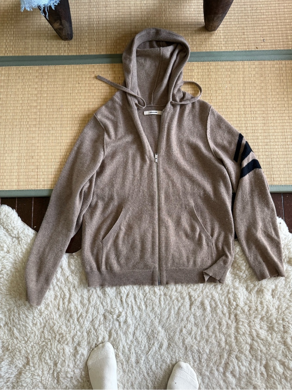 Men's Zip-Up Hooded Sweater in Light Brown with Sleeve Stripe